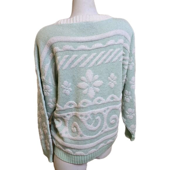 Vintage Beaucoup USA Made Mint Green White Metallic Floral Knit Pullover Sweater - Picture 4 of 12